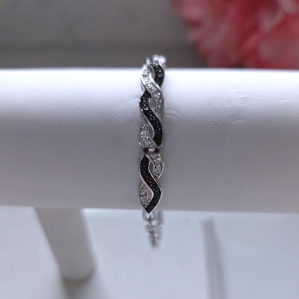 Sterling Silver 925 Black White CZ Infinity Paperclip Link Bracelet Adjustable